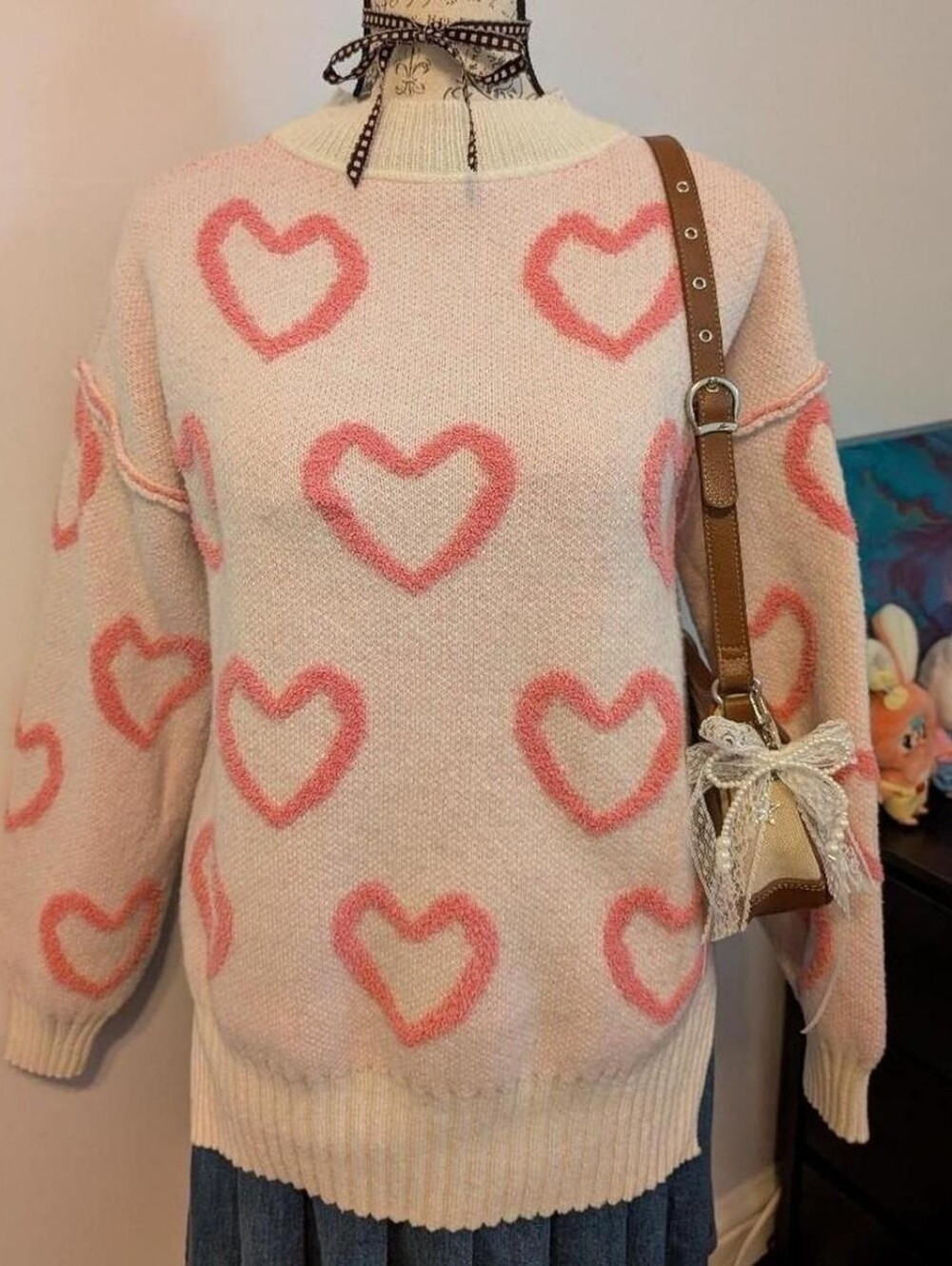 Women's Pink Heart Pattern Crewneck Sweater
